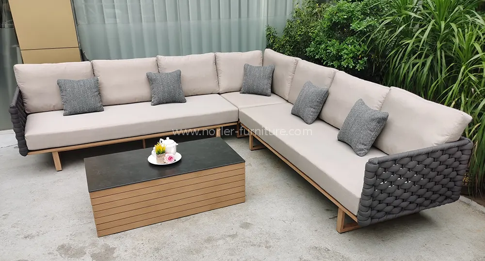 Modern L-shaped Teak Wood base Aluminum Frame Outdoor Sofa