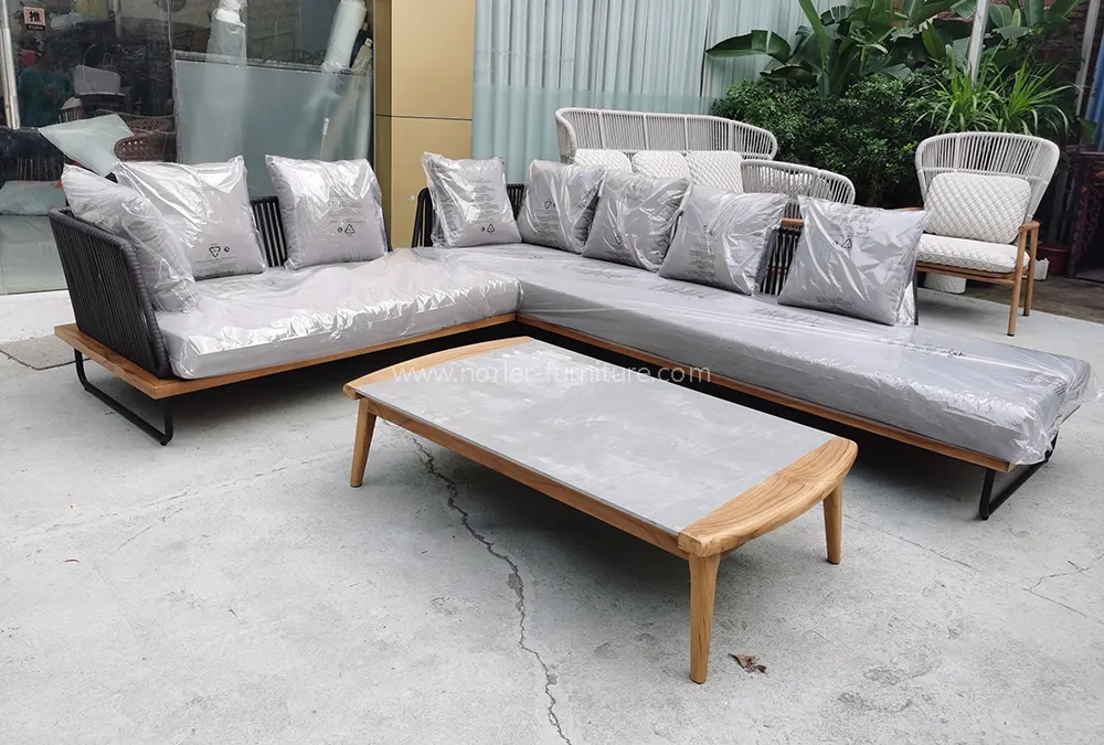 Modern L-Shaped Aluminum Frame Teak Wood Seat Outdoor Sofa