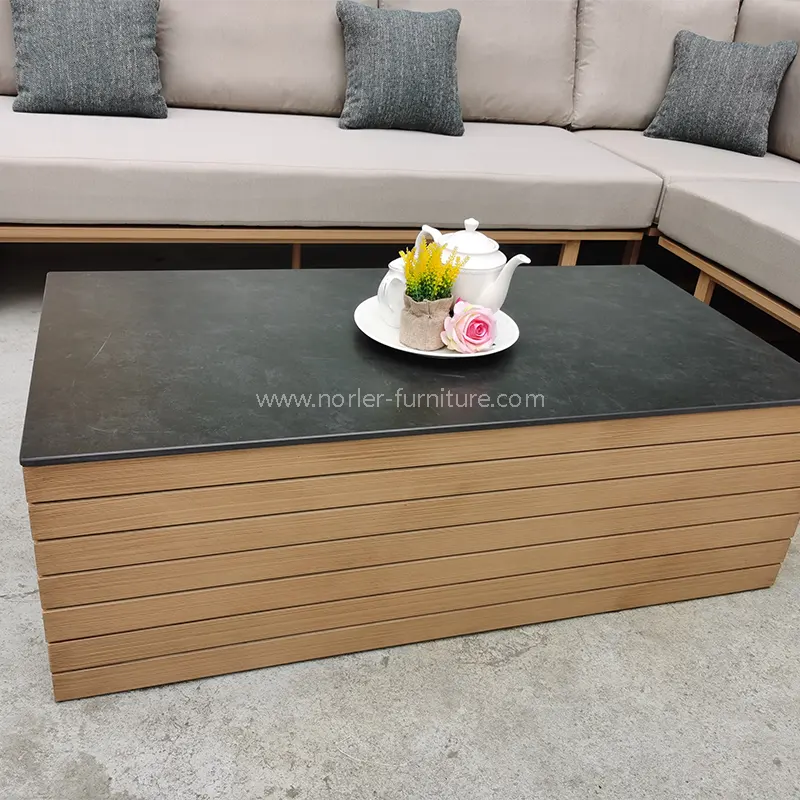 Moderni L formos tiko medienos bazinis aliuminio rėmas lauko sofa