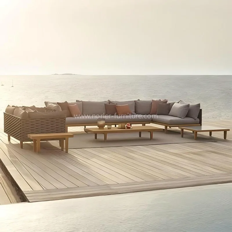 Moderni lauko tiko medienos rėmo virvė austi sofa