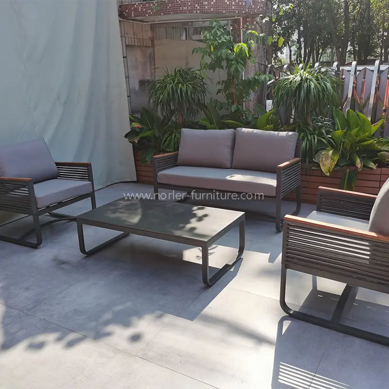 Naujausias lauko aliuminio rėmo tiko medienos porankių sofa