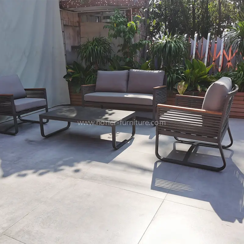 Naujausias lauko aliuminio rėmo tiko medienos porankių sofa